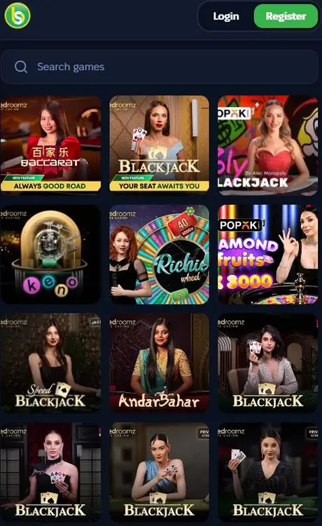 Spurbets live casino tiles with Blackjack, Baccarat, Andar Bahar and Richie Wheel