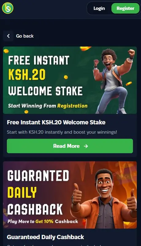 Spurbets Promotions page with the Free Instant KSh 20 Welcome Stake and Guaranteed Daily Cashback cards